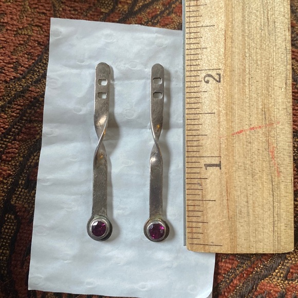 Garnet studded earrings Artisan made in Warren Vermont silver new 2 inches long - Picture 3 of 4